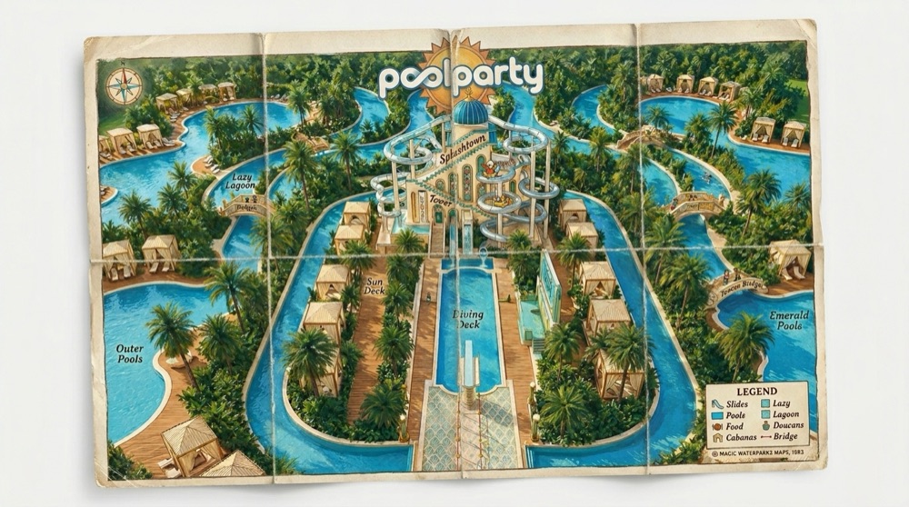 Illustrated PoolParty venue map, drawn as a folded vintage water-park map
