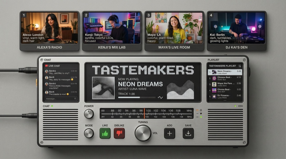 TasteMakers product interface: a tactile radio-style music player with live creator channels