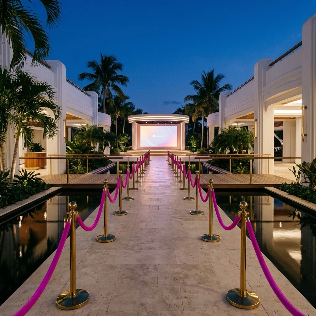 Magenta velvet ropes lead through an open courtyard to a shared screen