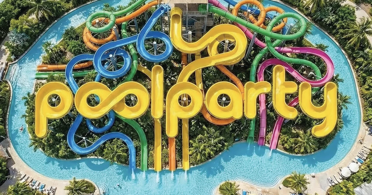 PoolParty lettering formed from yellow waterslides in a colorful tropical waterpark