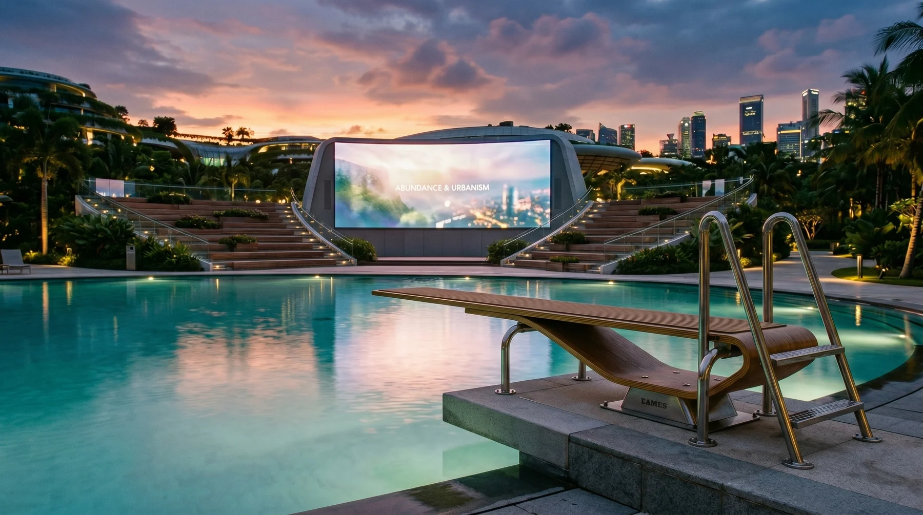 PoolParty world concept: a cinema screen beside a tropical pool at dusk