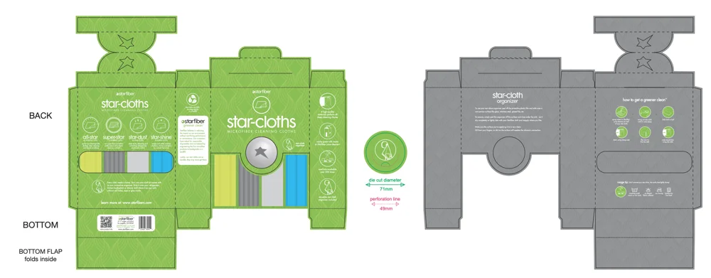 Starfiber Starcloths packaging dielines in green and gray