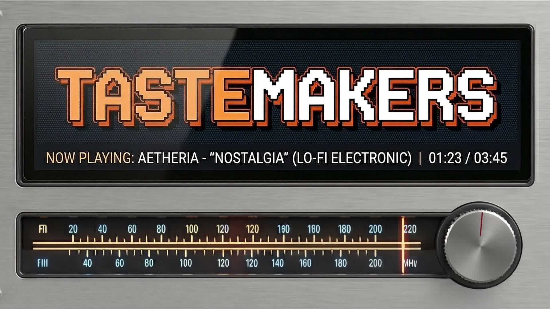 Tastemakers orange-and-white lettering on a brushed-metal radio display, from the concept film
