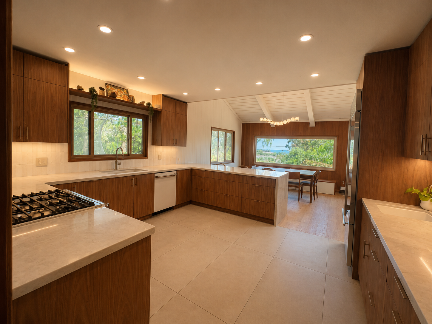 Kitchen looking toward the dining area and large picture window