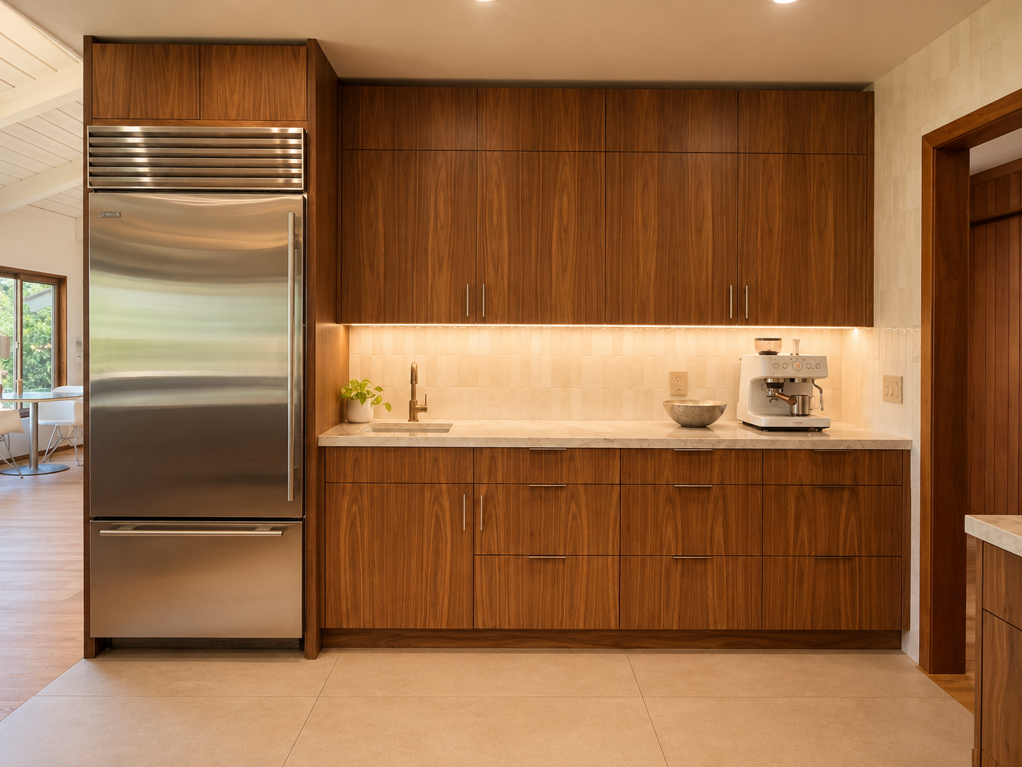 Kitchen fridge and coffee wall with continuous walnut cabinetry