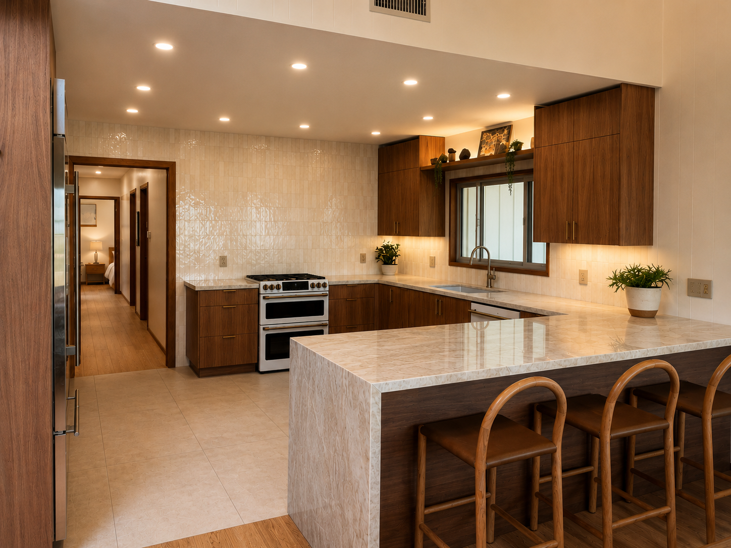 Kitchen island with bar seating and view toward the bedroom hall