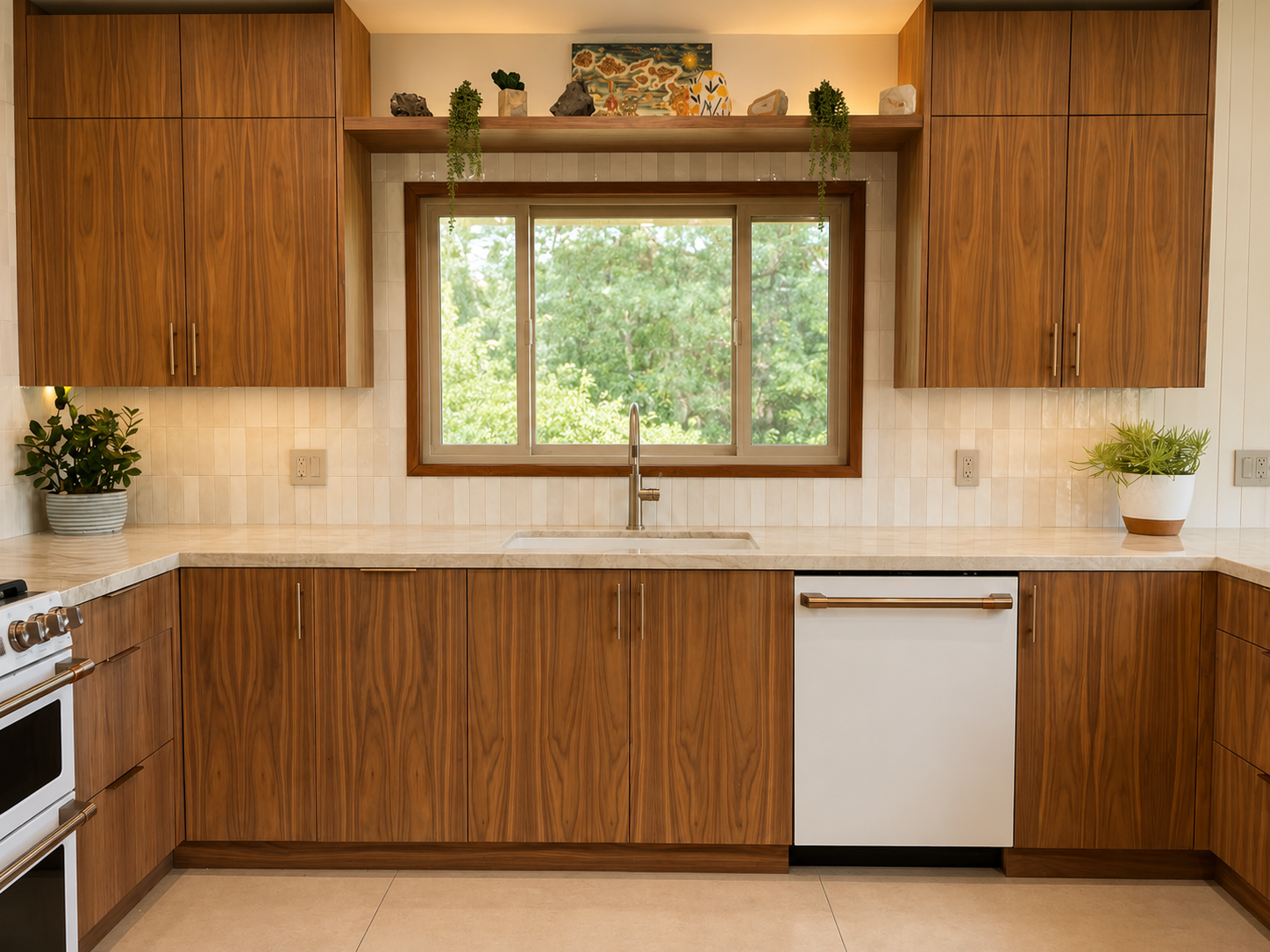 Kitchen sink wall with walnut cabinetry and garden window