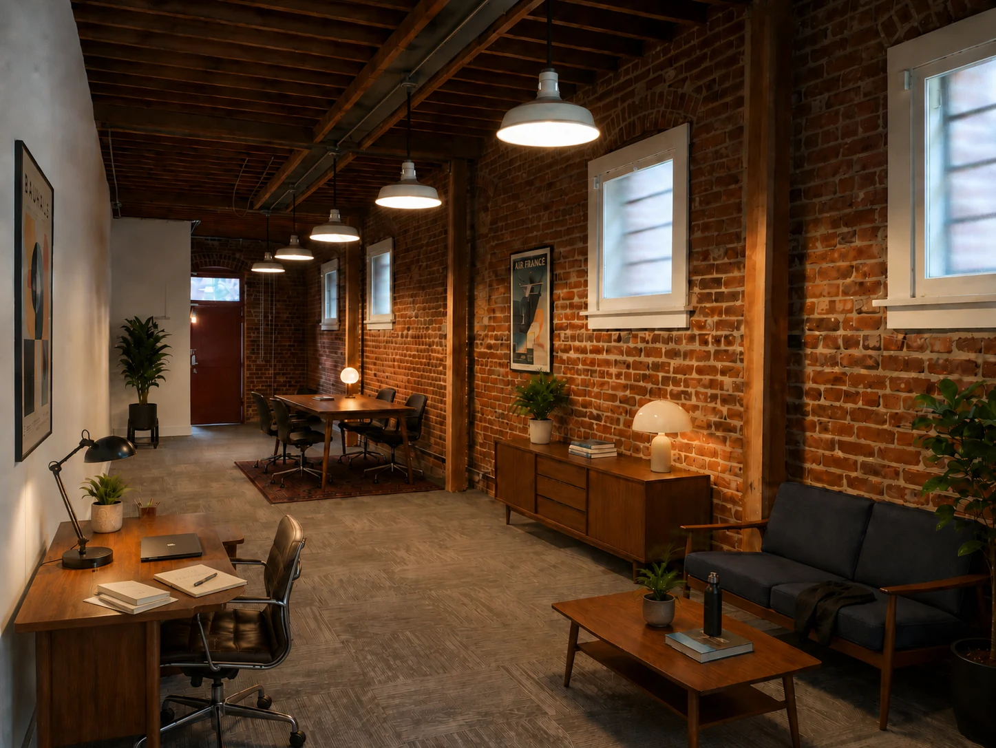 Eagle Rock commercial interior with exposed brick and timber ceiling