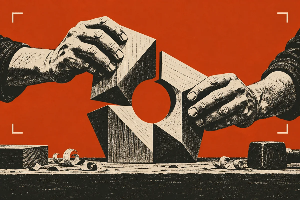 Screen-print illustration of a maker’s hands fitting together a geometric wooden sculpture, framed through a camera viewfinder.