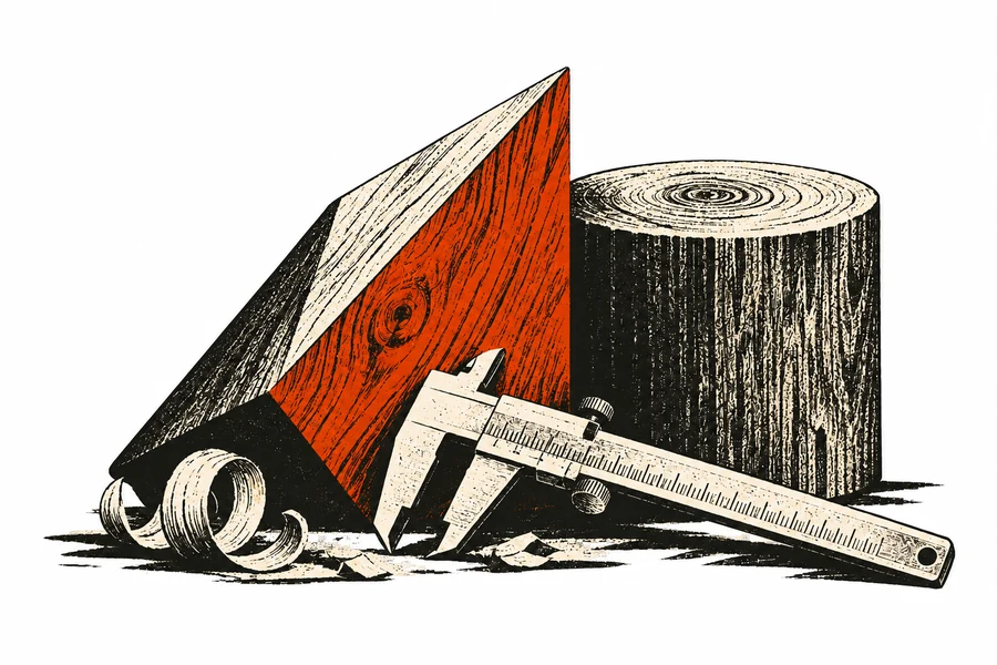 A screen-print still life of wooden forms, a caliper, and a curled wood shaving.